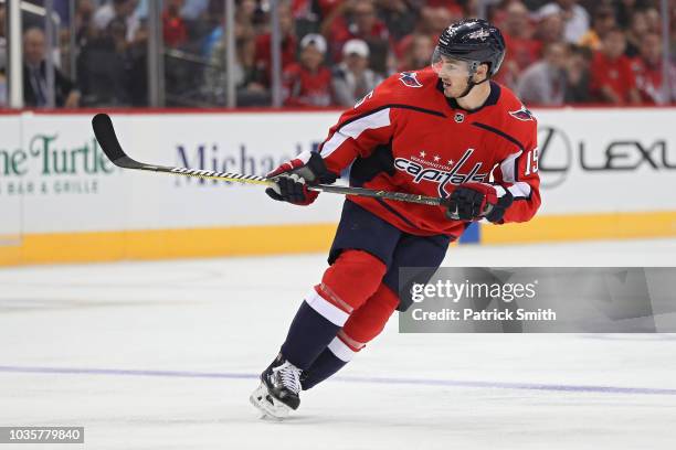 Jayson Megna of the Washington Capitals skates against the Boston Bruins during the second period of a preseason NHL game at Capital One Arena on...