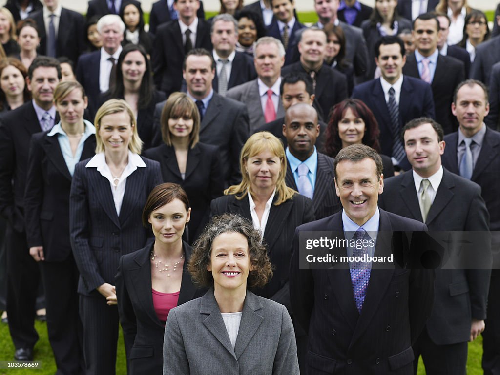 Large group of business people standing on lawn, portrait, elevated view