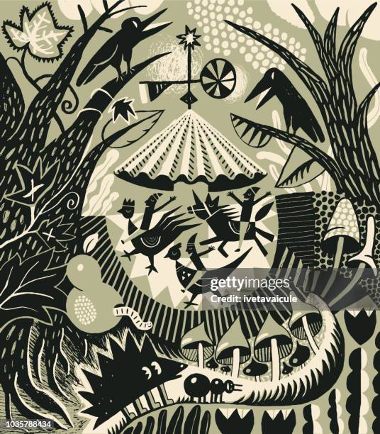 ilustrações de stock, clip art, desenhos animados e ícones de carousel in woodland setting with animals and birds - rooster print