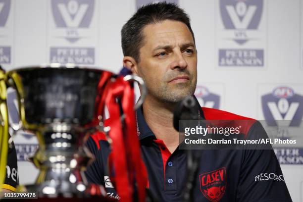 Casey VFLW Coach Jade Rawlings speaks to the media during a VFL and VFLW Grand Final press conference at Ikon Park on September 19, 2018 in...