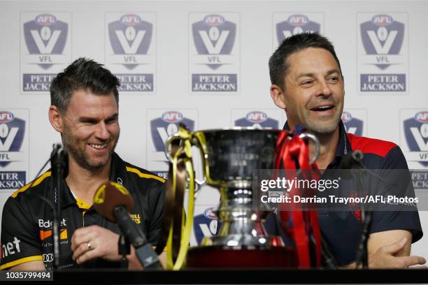 Box Hill Coach Chris Newman and Casey Coach Jade Rawlings speak to the media during a VFL and VFLW Grand Final press conference at Ikon Park on...