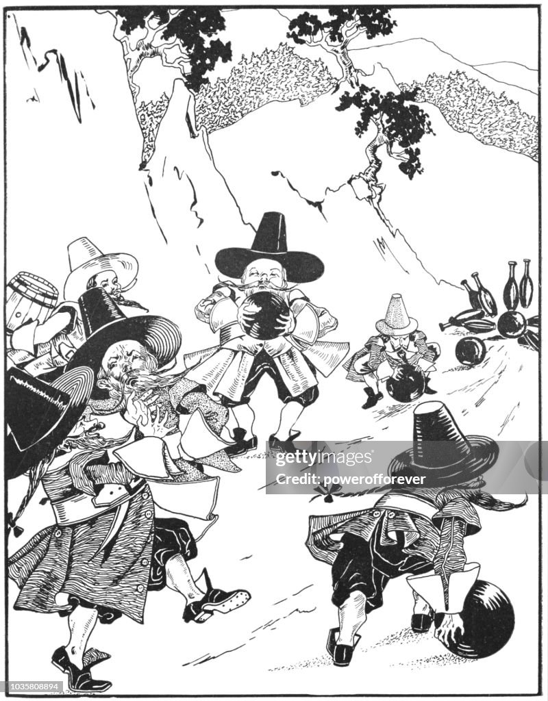 Bearded Mountain Men Bowling Nine-pin in Rip Van Winkle