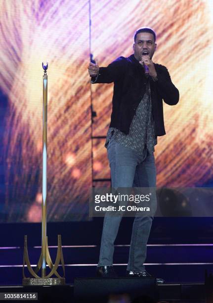 Recording artist Romeo Santos performs onstage during his 'Golden Tour' at Honda Center on September 18, 2018 in Anaheim, California.