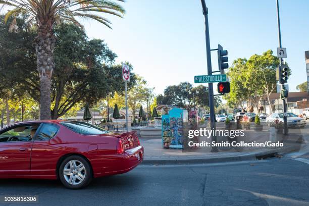 Downtown area of old San Leandro, California, with sign for Estuadillo Street visible, September 10, 2018.