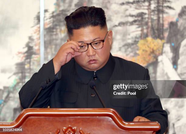 North Korean leader Kim Jong Un attends the joint press conference with South Korean President Moon Jae-in at Paekhwawon State Guesthouse on...