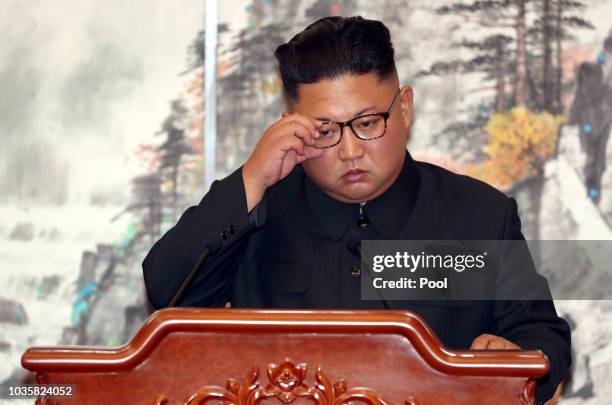North Korean leader Kim Jong Un attends the joint press conference with South Korean President Moon Jae-in at Paekhwawon State Guesthouse on...