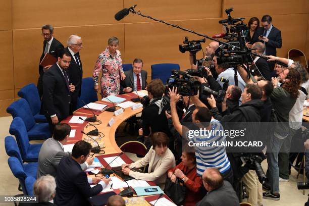 Former Elysee senior security officer Alexandre Benalla arrives to speak to the senatorial commission in Paris on September 19, 2018. Benalla, who...