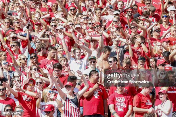 Wisconsin fans sing Varsity during a college football game between the University of Wisconsin Badgers and the Brigham Young University Cougars on...