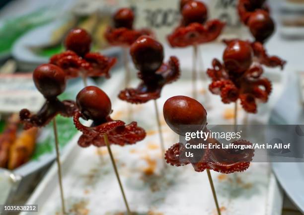 Baby marinated octopus on sticks, Kansai region, Kyoto, Japan on August 7, 2018 in Kyoto, Japan.