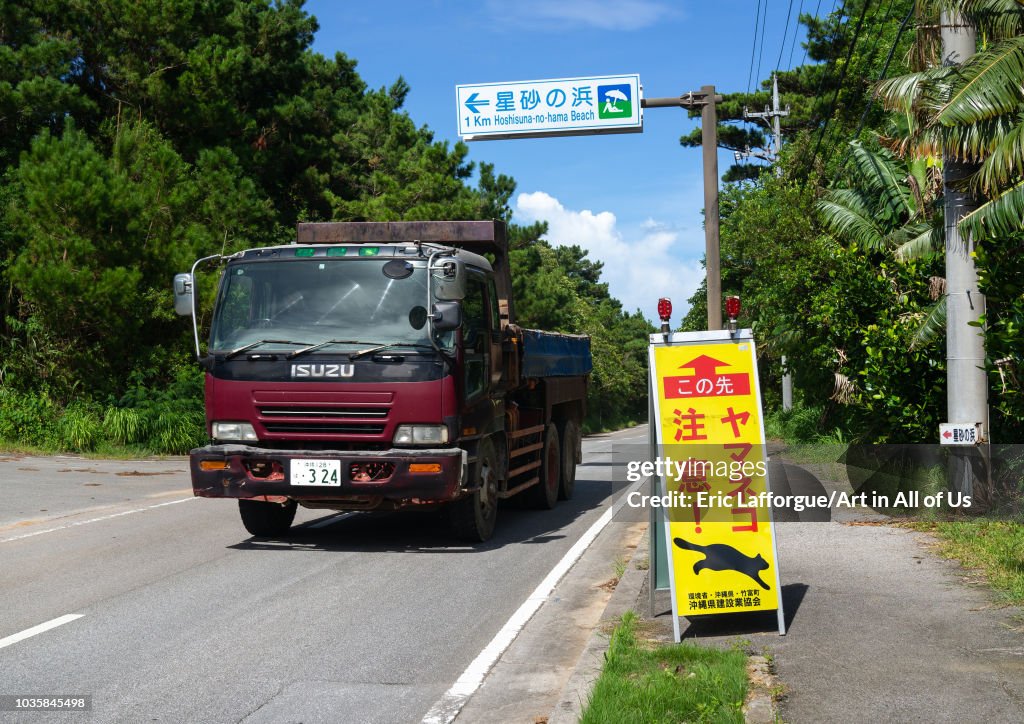 Road sign to protect iriomote cat, Yaeyama Islands, Iriomote, Japan...