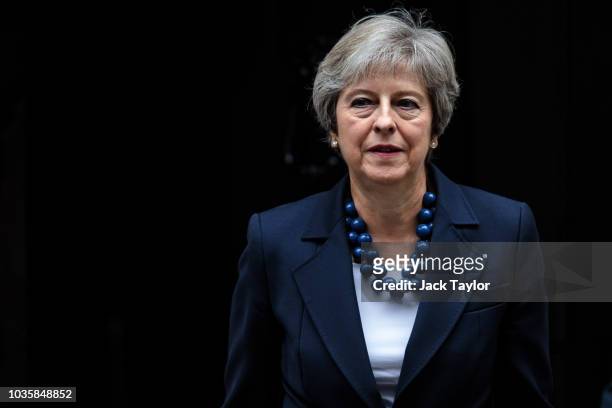 British Prime Minister Theresa May leaves Number 10 Downing Street this morning on September 19, 2018 in London, England. Mrs May is to attend a key...