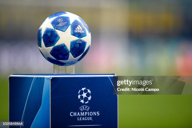 Official match ball of UEFA Champions League named Adidas Finale 18 is pictured prior to the UEFA Champions League football match between FC...