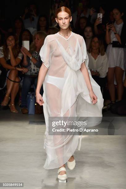 Model walks the runway at the Alberto Zambelli show during Milan Fashion Week Spring/Summer 2019 on September 19, 2018 in Milan, Italy.