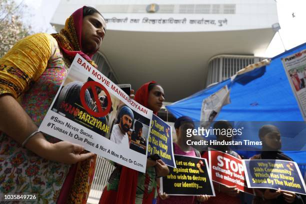 Sikh community protest against movie Manmarziyan at Collector office, on September 18, 2018 in Pune, India. According to the protesters, in the...