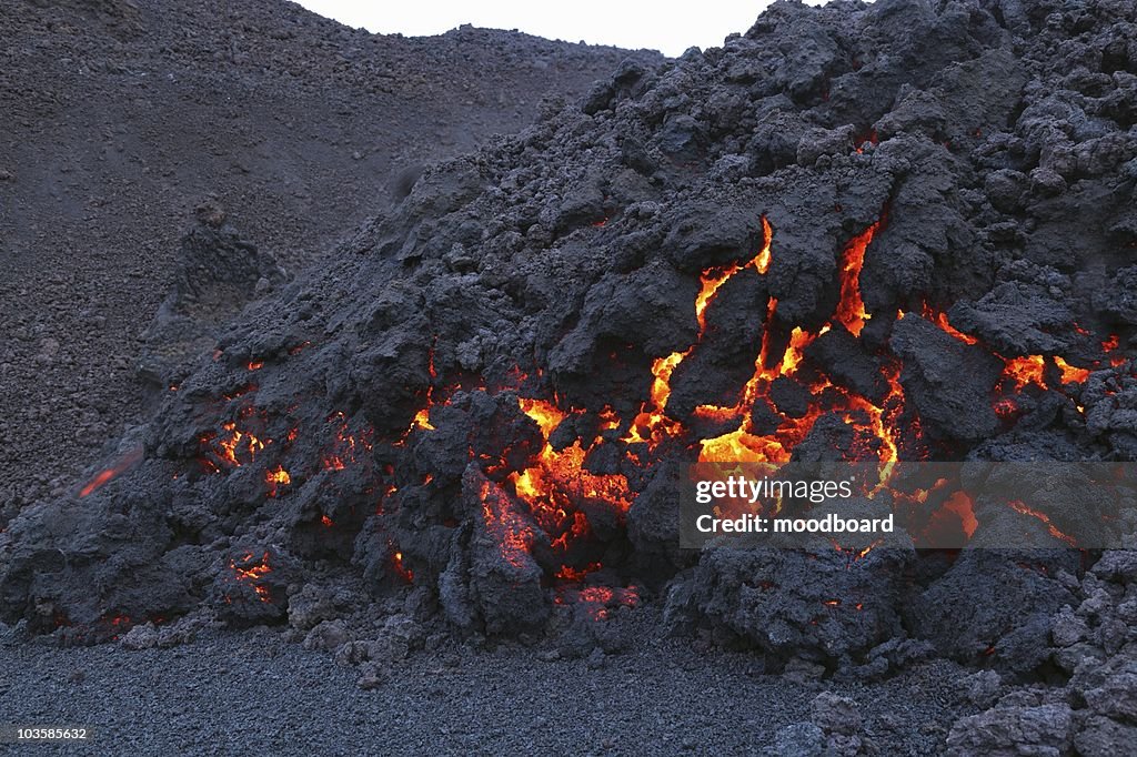 Glowing molten volcanic rock of Eyjafjallajokull,  Fimmvorduhals,  Iceland