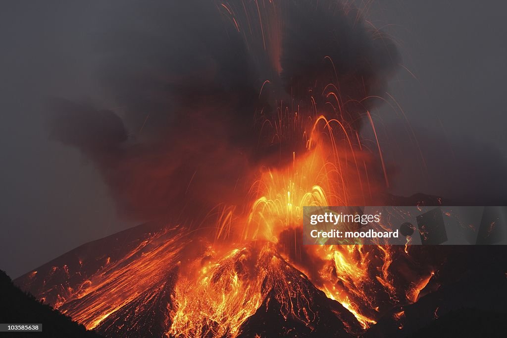 Molten lava erupts from Sakurajima,  Kagoshima,  Japan