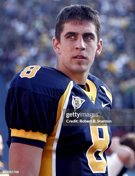 Cal quarterback Aaron Rodgers in the fourth quarter as the California Golden Bears defeated the Oregon Ducks 28 to 27 at Memorial Stadium, Berkeley,...