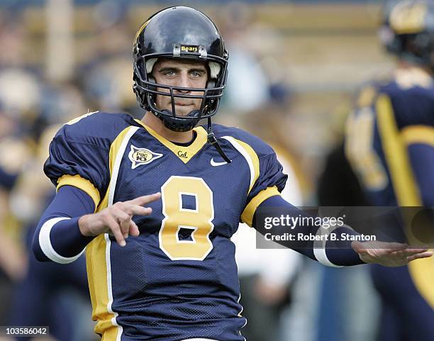 Cal's quarterback Aaron Rodgers during warmup as California defeated UCLA 45 to 28 at Memorial Stadium, University of California, Berkeley,...