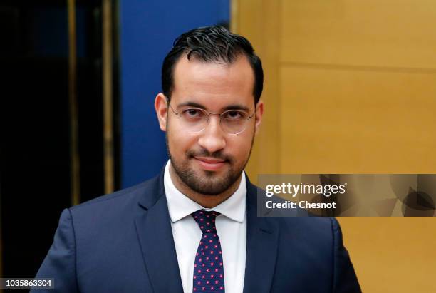 French President Emmanuel Macron's former security officer Alexandre Benalla attends a hearing by senators at the French senate, on September 19,...