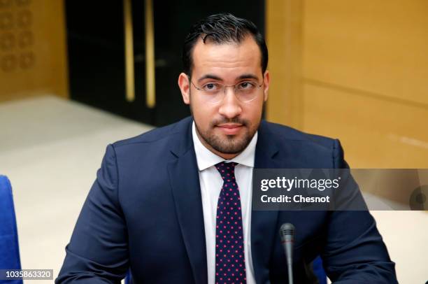 French President Emmanuel Macron's former security officer Alexandre Benalla attends a hearing by senators at the French senate, on September 19,...