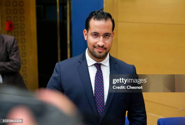 French President Emmanuel Macron's former security officer Alexandre Benalla attends a hearing by senators at the French senate, on September 19,...