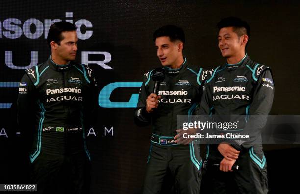 Mitch Evans of Jaguar Racing speaks during the Jaguar Racing team ABB FIA Formula E Season 5 Launch at the Design Museum on September 19, 2018 in...