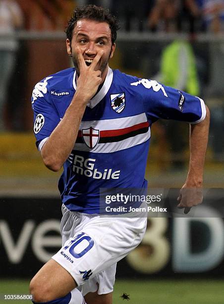 Giampaolo Pazzini of Genua celebrates after scoring his second goal during the Uefa Champions League qualifying second leg match between Sampdoria...