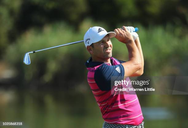 Sergio Garcia of Spain in action ahead of the Portugal Masters at Dom Pedro Victoria Golf Course on September 19, 2018 in Albufeira, Portugal.