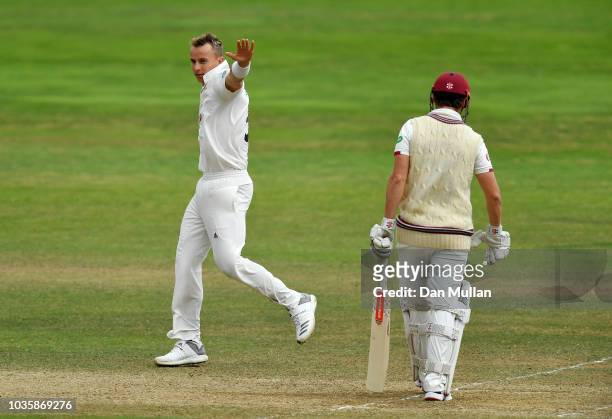 Tom Curran of Surrey celebrates taking the wicket of James Hildreth of Somerset during day two of the Specsavers County Championship Division One...