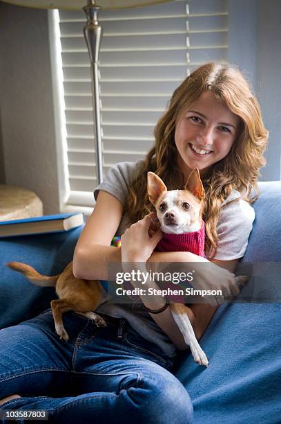simple portrait, teen girl and her chihuahua - chihuahua stock-fotos und bilder