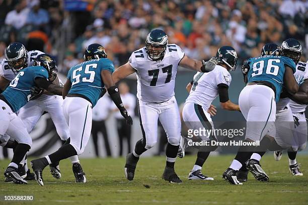 Guard Mike McGlynn of the Philadelphia Eagles blocks during the preseason game against the Jacksonville Jaguars on August 13, 2010 at Lincoln...