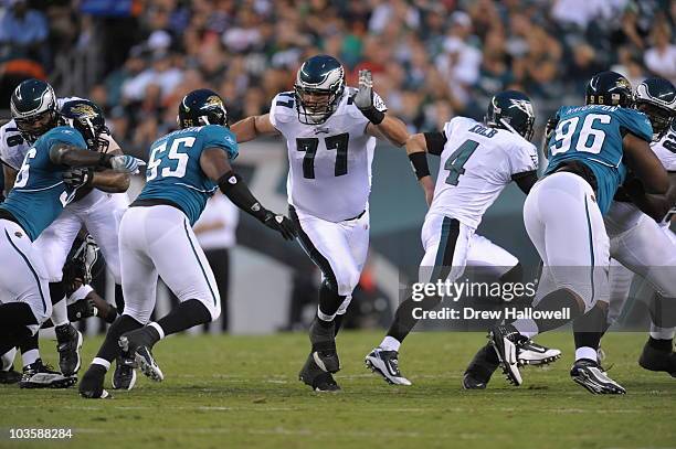 Guard Mike McGlynn of the Philadelphia Eagles blocks during the preseason game against the Jacksonville Jaguars on August 13, 2010 at Lincoln...