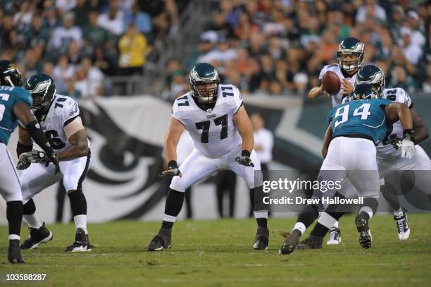 Guard Mike McGlynn of the Philadelphia Eagles blocks during the preseason game against the Jacksonville Jaguars on August 13, 2010 at Lincoln...