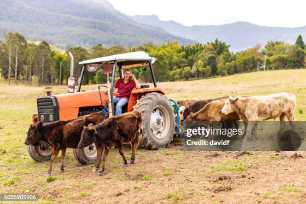 granjero con un teléfono móvil en un tractor de media edad - lismore nueva gales del sur fotografías e imágenes de stock
