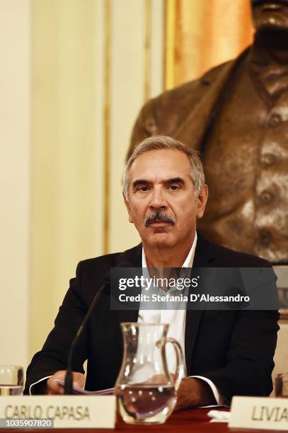 Carlo Capasa attends Green Carpet Fashion Awards press conference during Milan Fashion Week Spring/Summer 2019 at Teatro Alla Scala on September 19,...