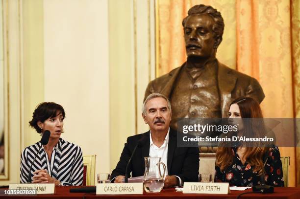 Cristina Tajani, Carlo Capasa and Livia Firth attend Green Carpet Fashion Awards press conference during Milan Fashion Week Spring/Summer 2019 at...