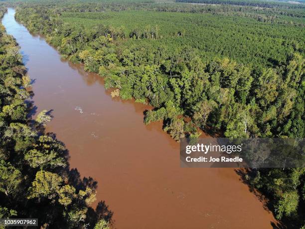 The Cape Fear River is seen from above after it crested at 61.4 feet last night from the rainfall brought on by Hurricane Florence on September 19,...