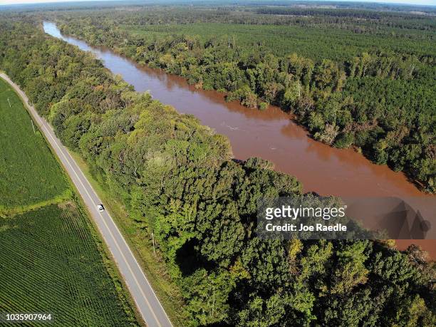 The Cape Fear River is seen from above after it crested at 61.4 feet last night from the rainfall brought on by Hurricane Florence on September 19,...