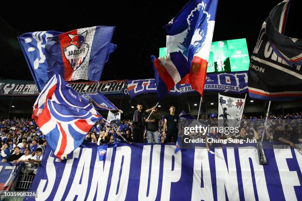 Supporters of Suwon Samsung Bluewings celebrate after winning the AFC Champions League Quarter Final second leg match between Suwon Samsung Bluewings...