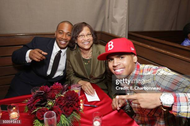 Columbus Short, grandmother Ester Short and Chris Brown at the "This Christmas" premiere at the Cinerama Dome on November 12, 2007 in Hollywood,...