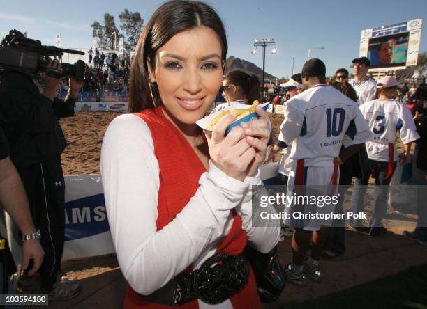 Personality Kim Kardashian enjoying My Fries : The New Lower Fat French Fry during the Direct TV Beach Bowl held at Southbridge Development on...
