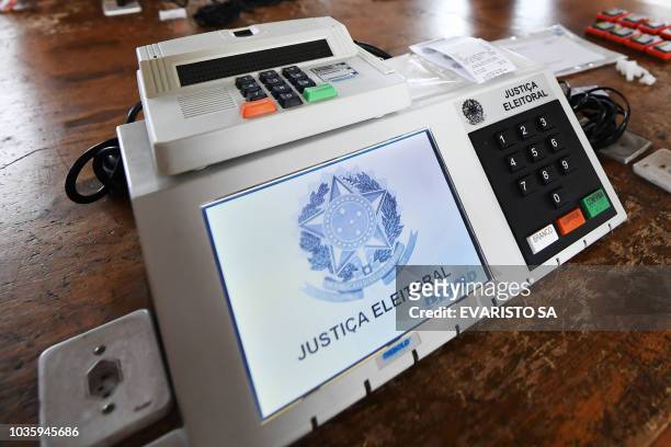 Picture of an electronic voting machine for Brazil's upcoming general election, taken at the Electoral Court in Brasilia on September 19, 2018. -...