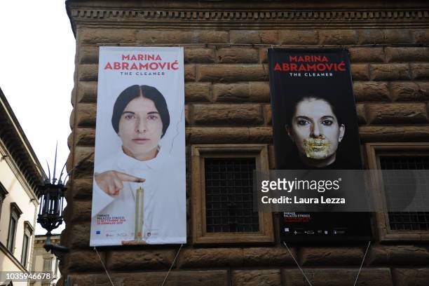 Posters of Marina Abramovic are displayed in Palazzo Strozzi during the presentation of the exhibition 'Marina Abramovic The Cleaner' in Palazzo...