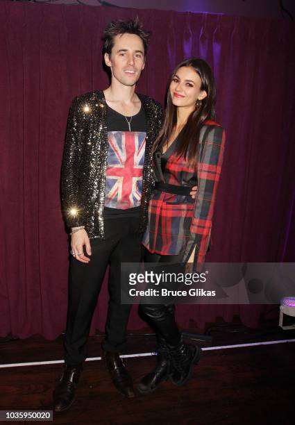 Reeve Carney and girlfriend Victoria Justice pose backstage after his final NYC show at The Green Room 42 on September 12, 2018 in New York City.