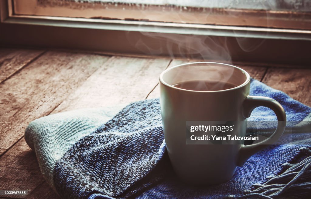 Hot tea in the pot near the window. selective focus.
