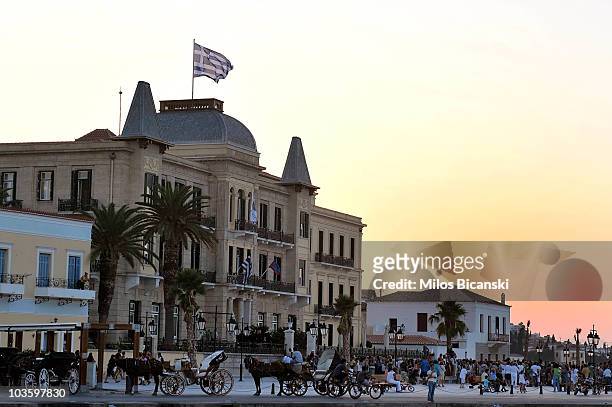 People arrive at Prince Nikolaos and Tatiana Blatnik's pre-wedding reception at the Poseidon Hotel on August 24, 2010 in Spetses, Greece.The small...