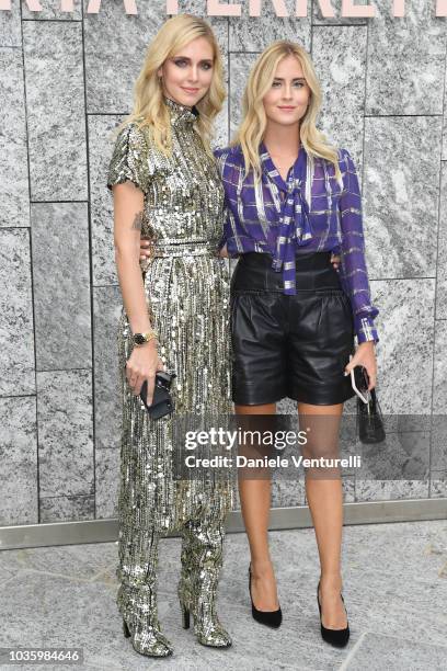 Chiara Ferragni and Valentina Ferragni attend the Alberta Ferretti show during Milan Fashion Week Spring/Summer 2019 on September 19, 2018 in Milan,...