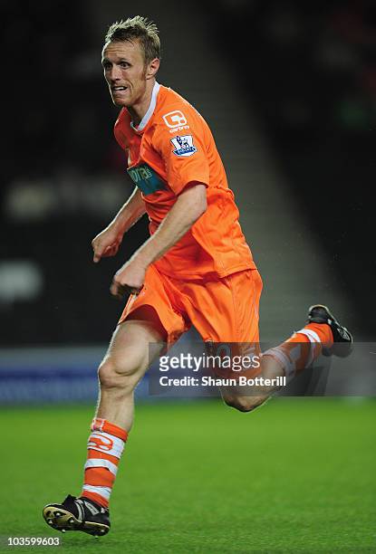 Brett Ormerod of Blackpool in action during the Carling Cup 2nd Round match between MK Dons and Blackpool at Stadium MK on August 24, 2010 in Milton...