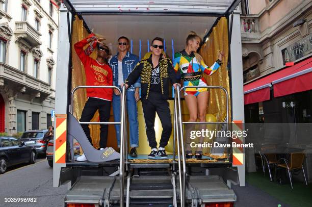 WizKid, River Viiperi, Jeremy Scott and Jasmine Sanders aka Golden Barbie launch the CIROC x Moschino collaboration during Milan Fashion Week aboard...