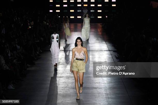 Kendall Jenner walks the runway at the Alberta Ferretti show during Milan Fashion Week Spring/Summer 2019 on September 19, 2018 in Milan, Italy.